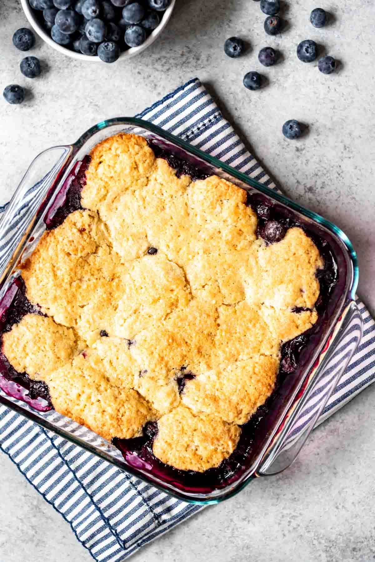 A glass square baking dish contains a cooked blueberry cobbler. Fresh blueberries are scattered around the dish, which is resting on a striped kitchen towel.  