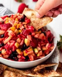 A bowl of fresh fruit salsa is displayed with crunchy cinnamon chips scattered around the bowl.