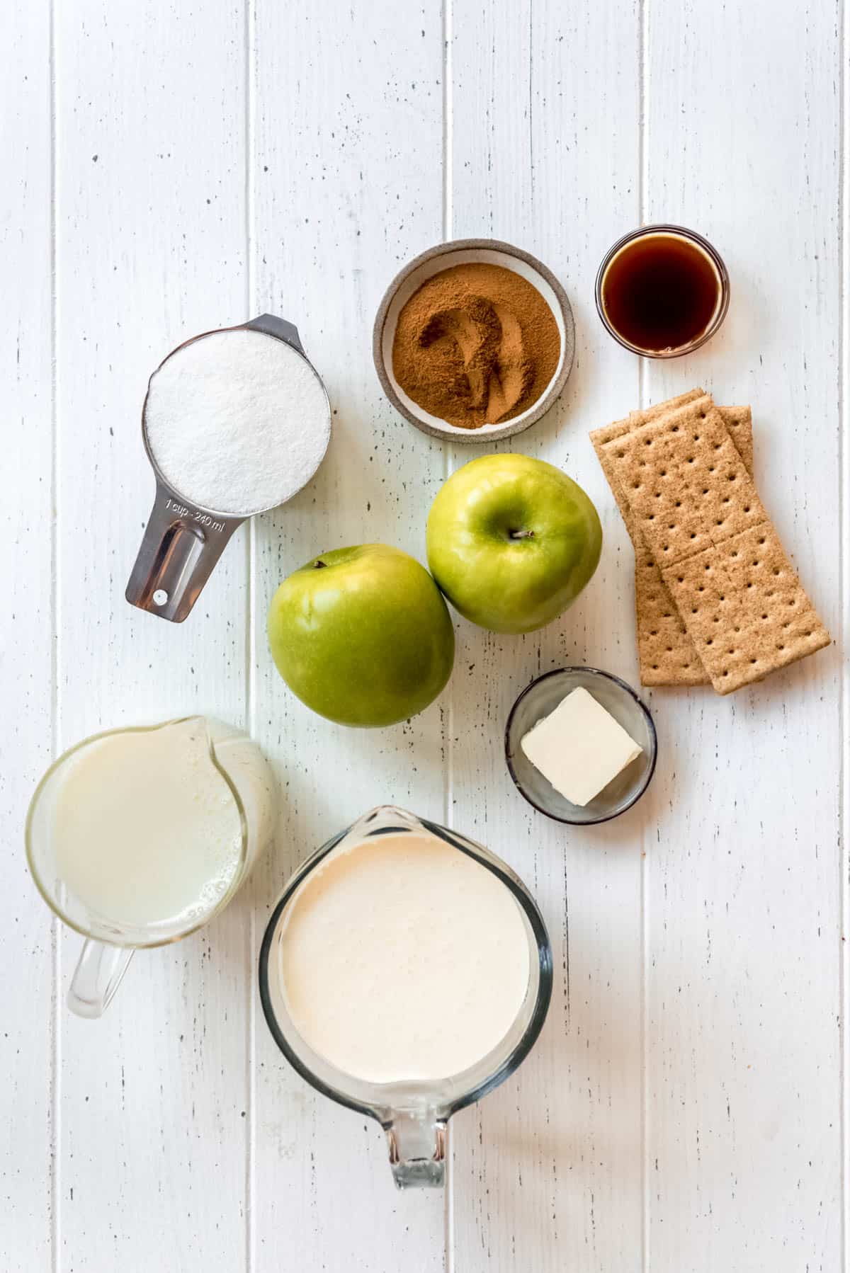 apple pie ice cream ingredients on a white surface