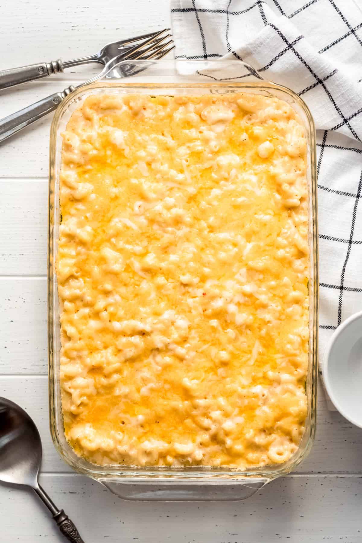 a rectangular baking dish of homemade baked mac and cheese