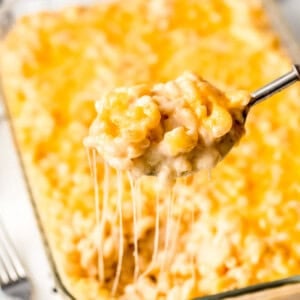 a spoon lifting a scoop of macaroni and cheese out of a baking dish