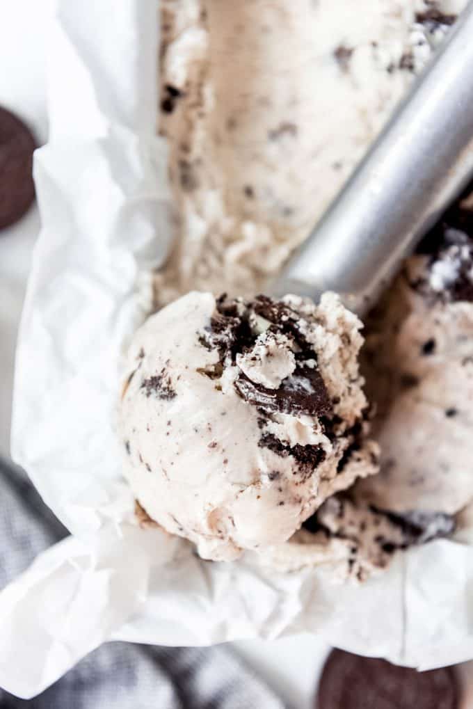 A scoop of homemade cookies and cream ice cream
