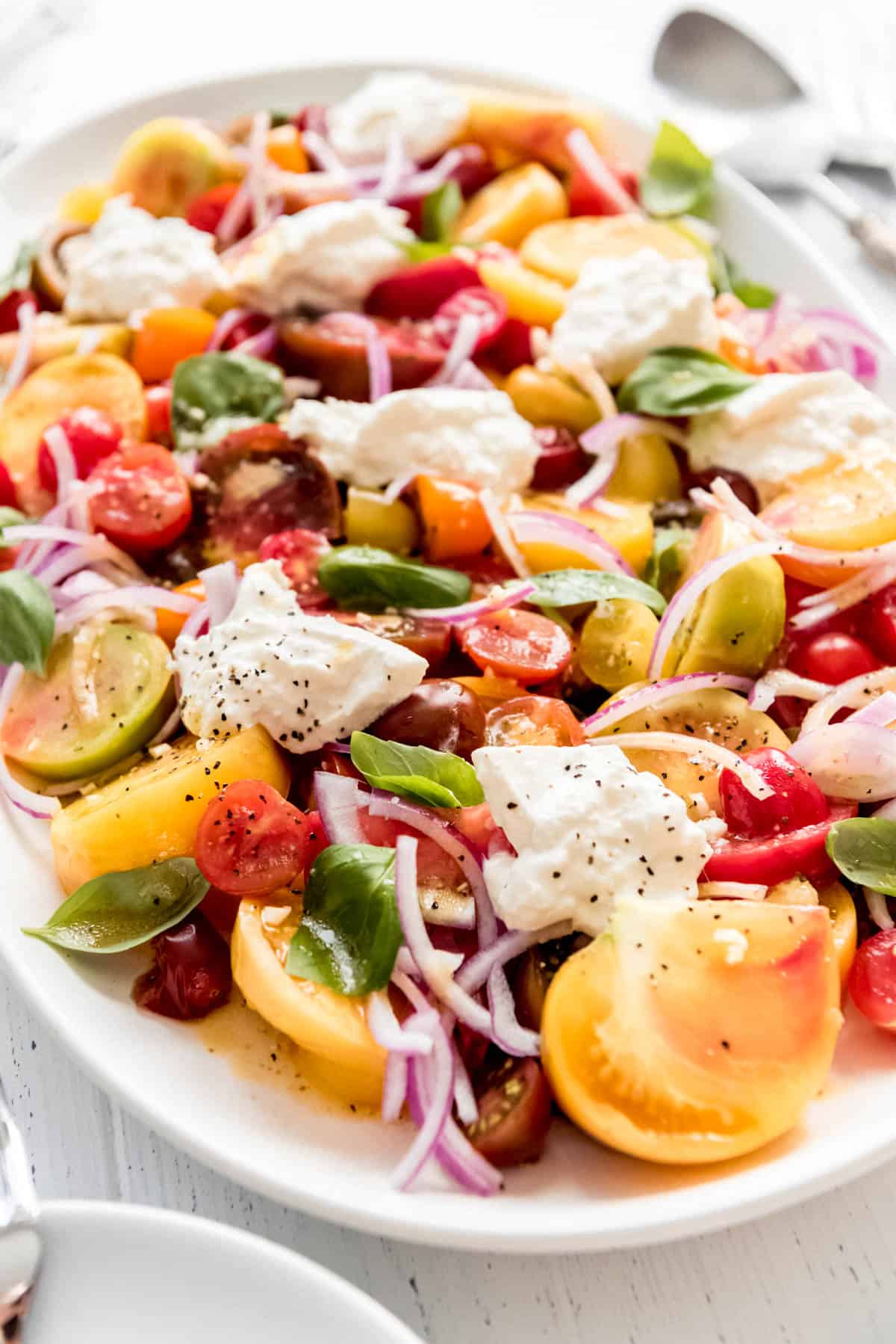 a tomato salad with burrata cheese served family style on a white plate