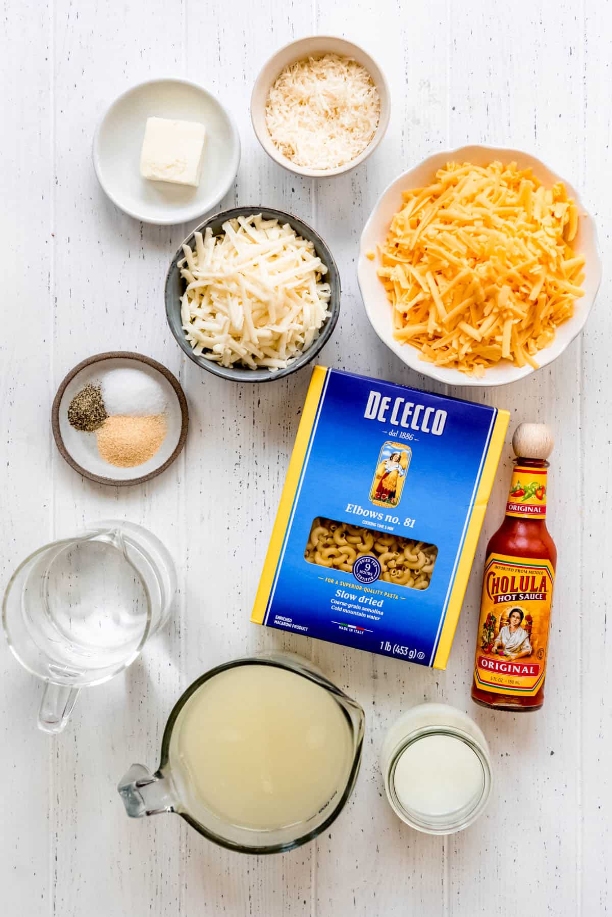 an image of ingredients for making homemade Instant Pot macaroni and cheese.