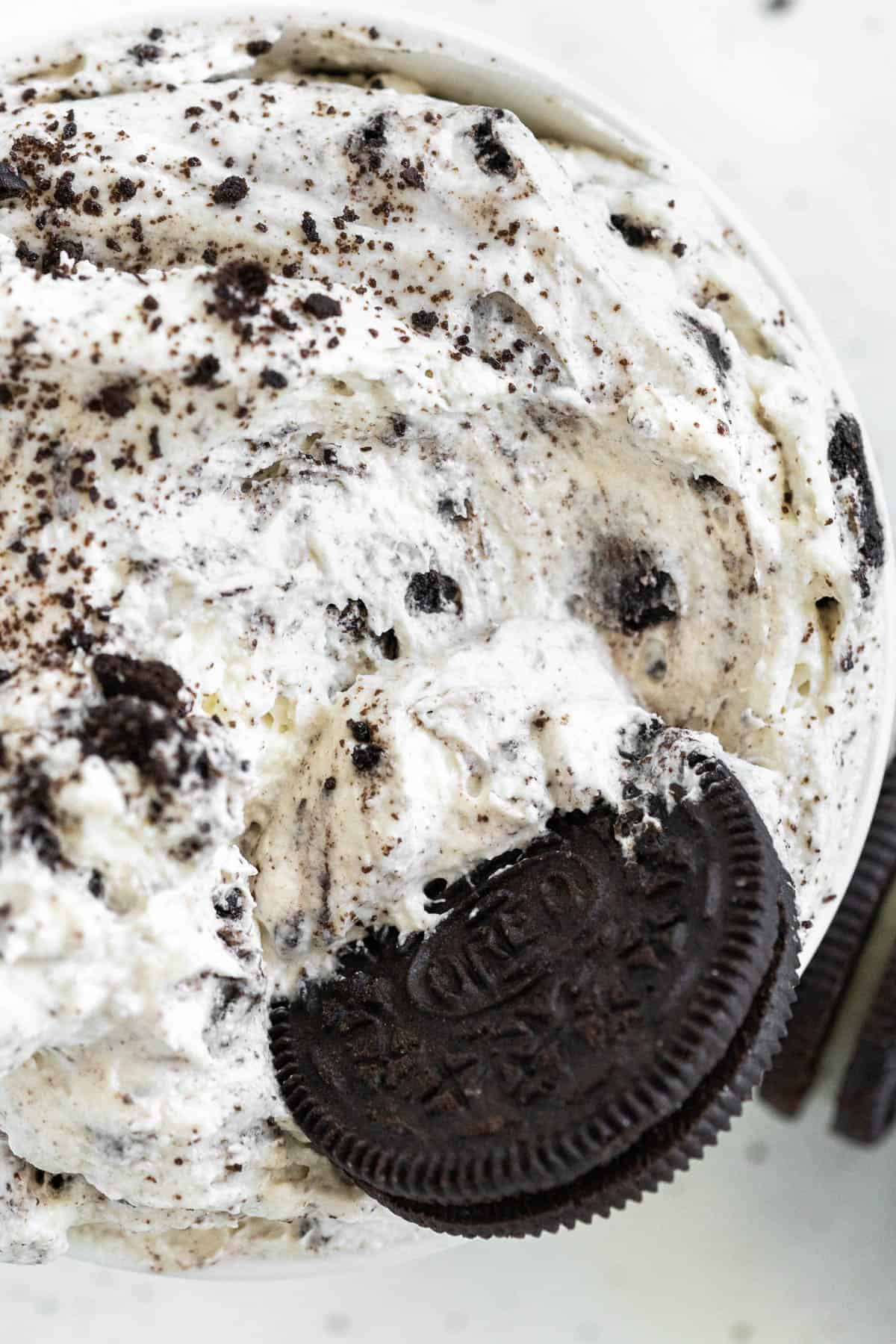 Oreo Dip with a whole Oreo cookie dipped in it
