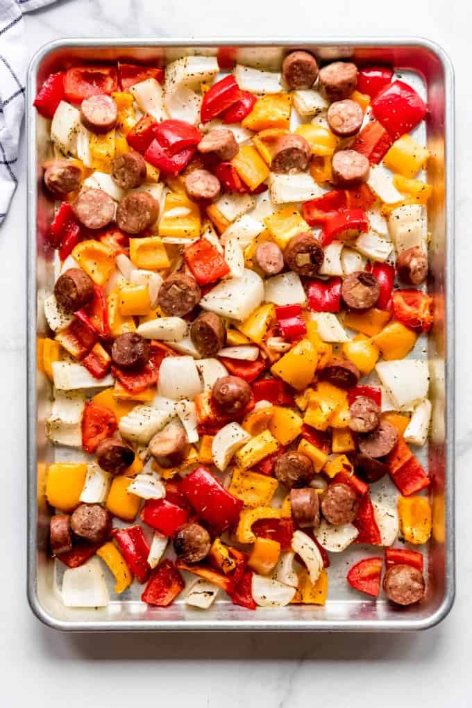 Sheet pan sausage and peppers just after baking.