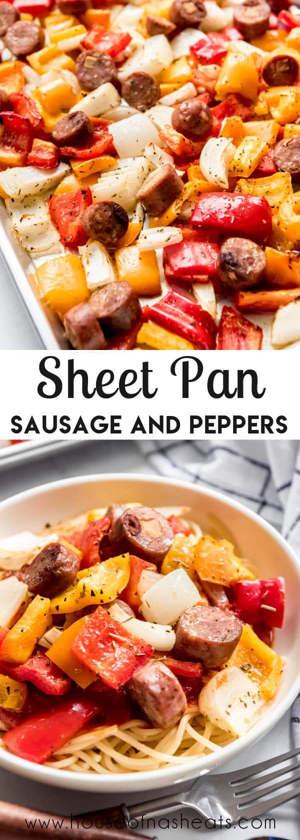 A collage of images of sheet pan sausages and peppers with text overlay.