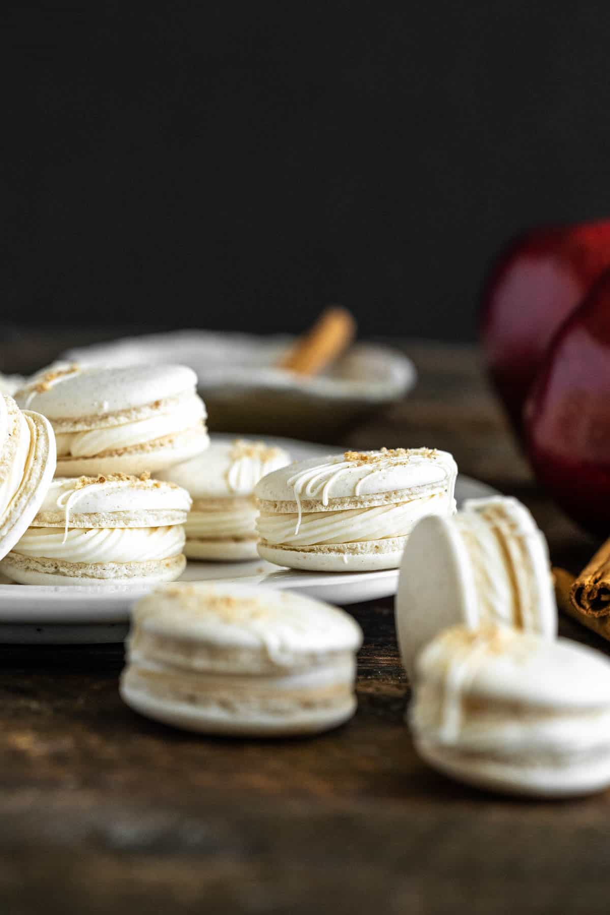 Apple Pie Macarons on a white plate.