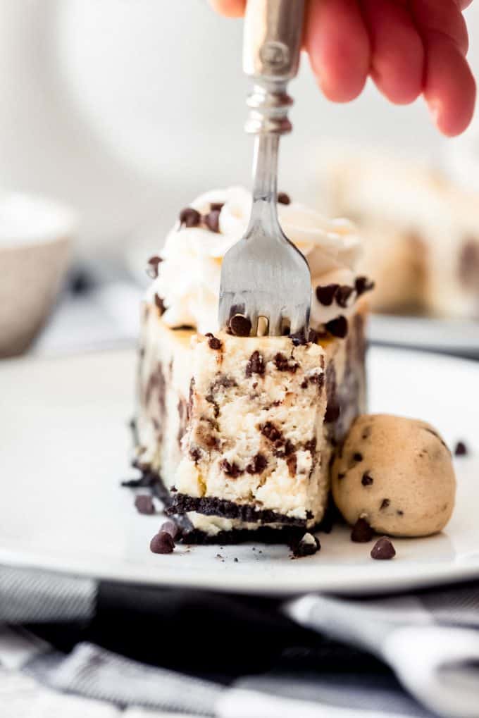 a fork lifting a bite of chocolate chip cookie dough cheesecake