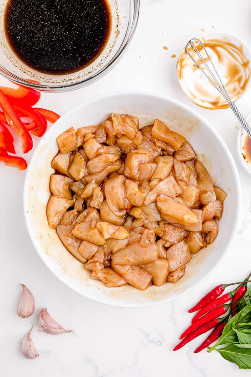 Chicken pieces tossed with soy sauce mixture.