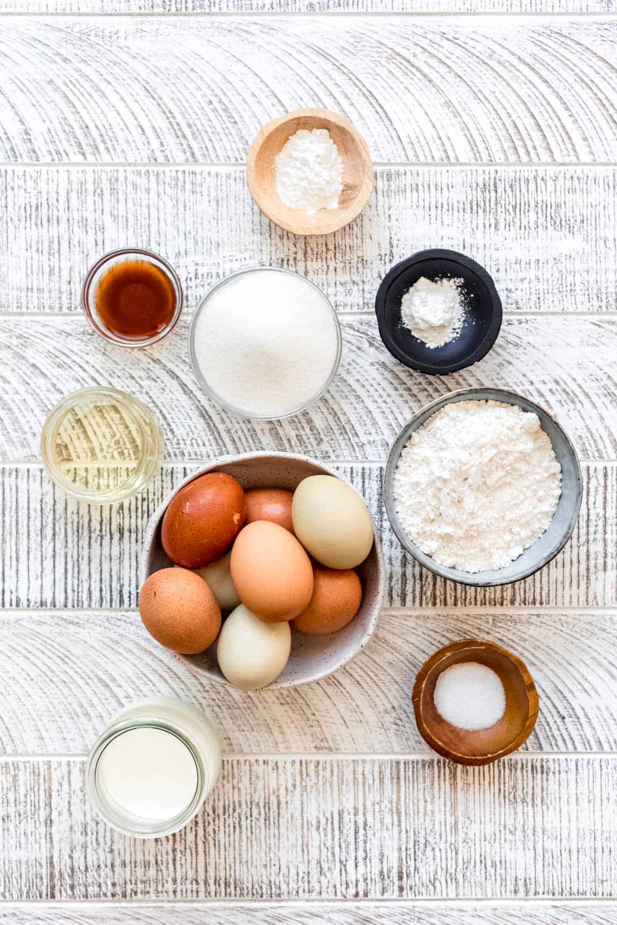 ingredients for Japanese pancakes in separate bowls