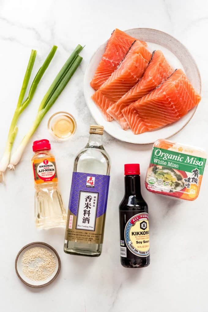 miso salmon ingredients on a white surface