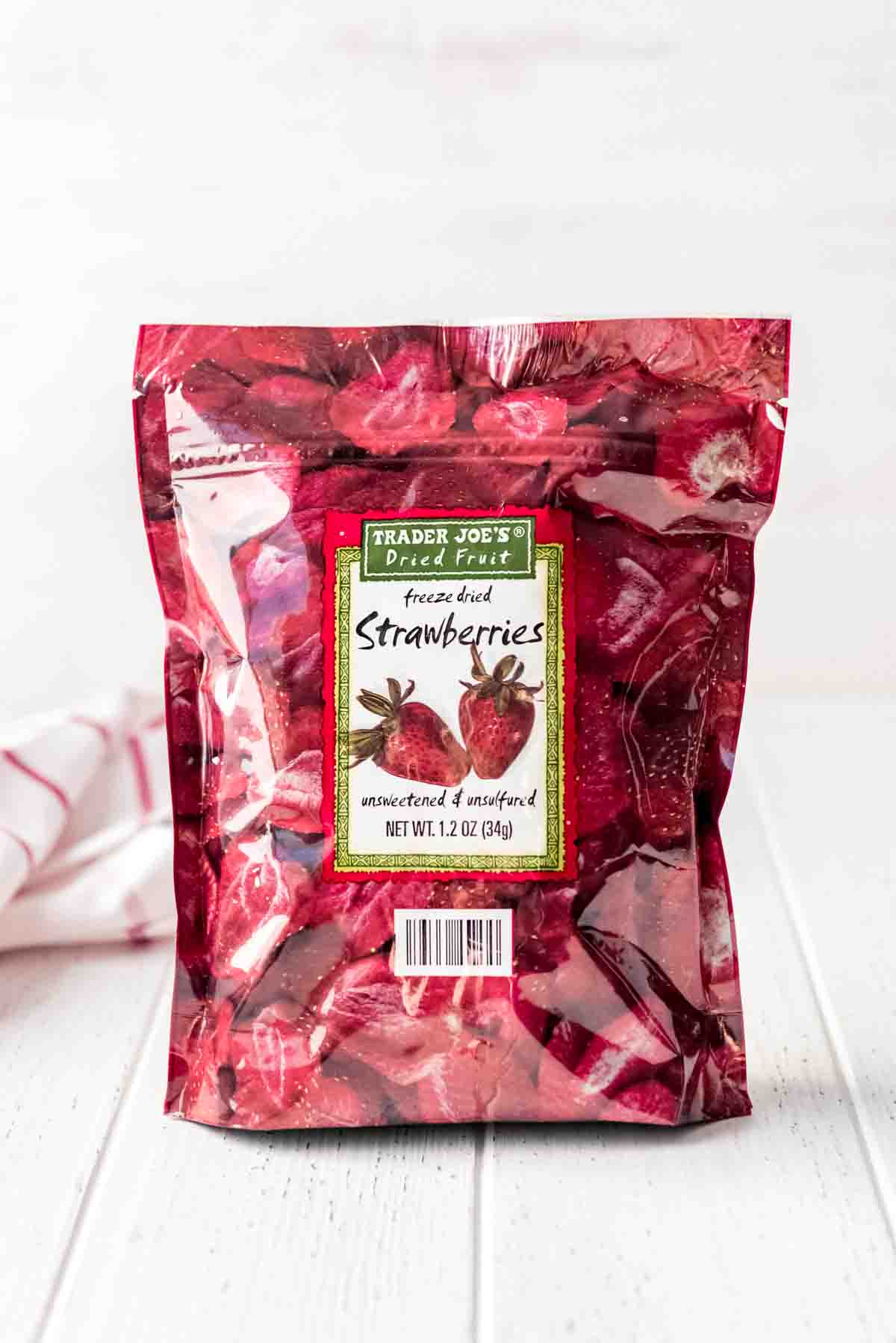 Trader Joe's freeze dried strawberries in a bag.