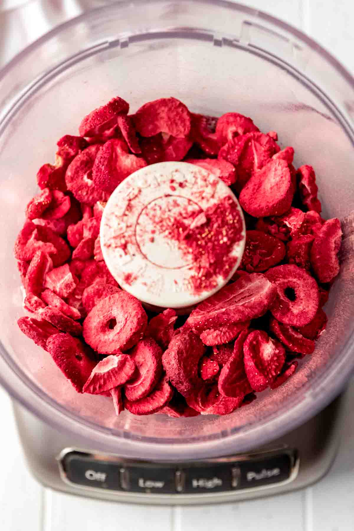 Freeze dried strawberries in a food processor. 