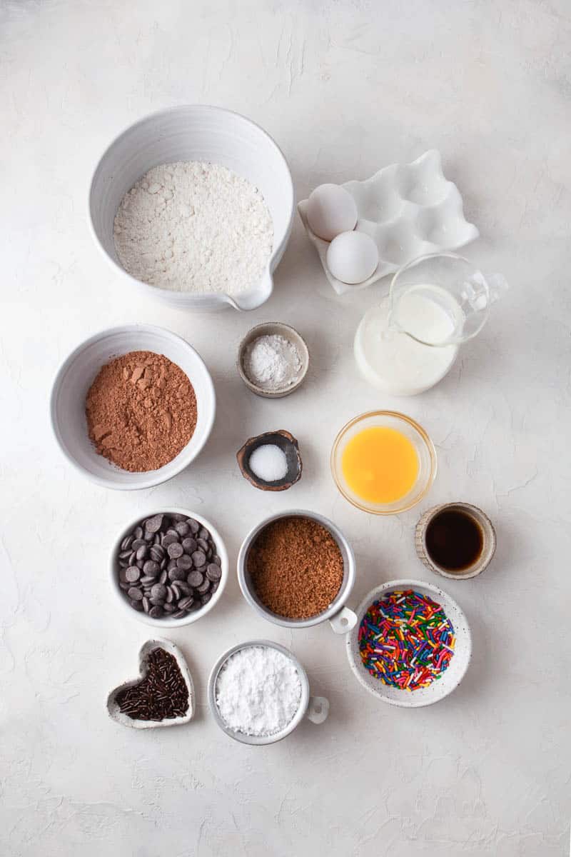 Flour, eggs, cocao powder, eggs, buttermilk, bake soda, salt, chocolate chips vanilla, sprinkles, brown sugar