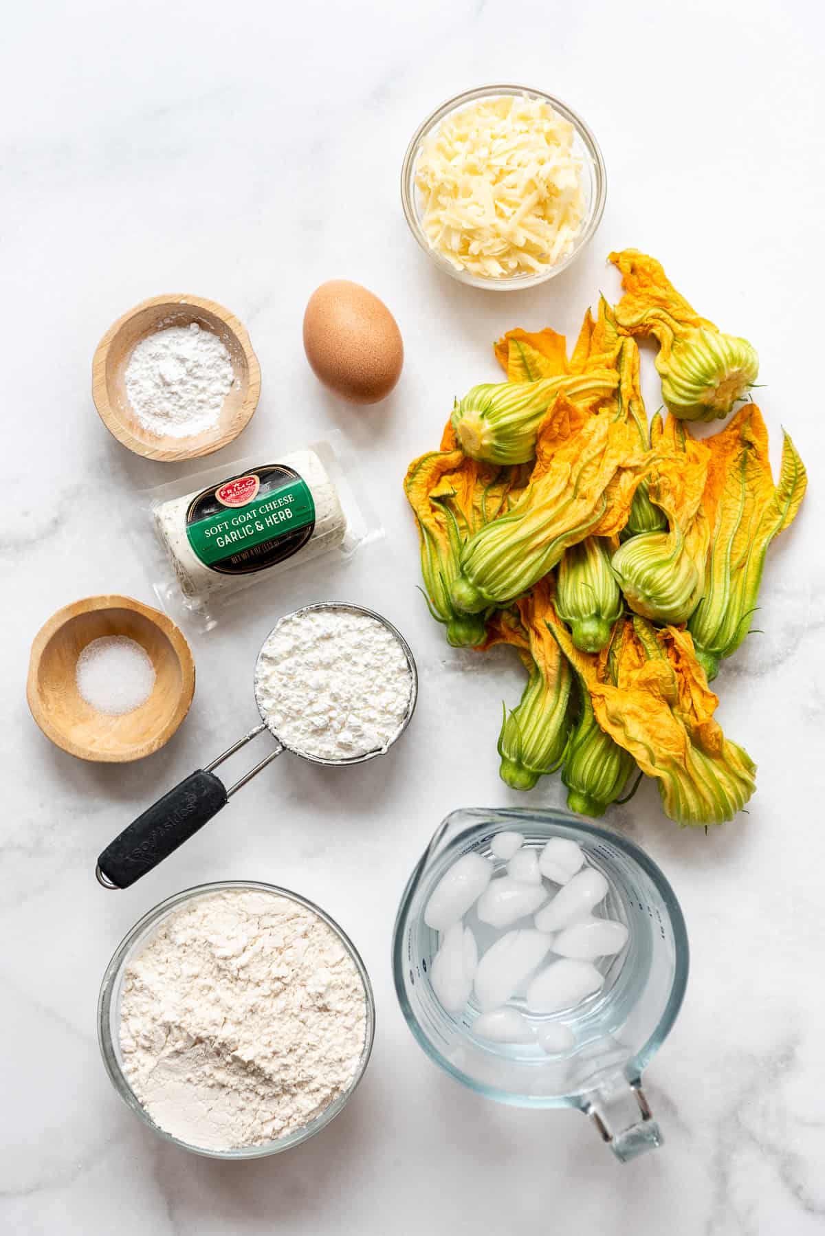 Ingredients for making fried squash blossoms.