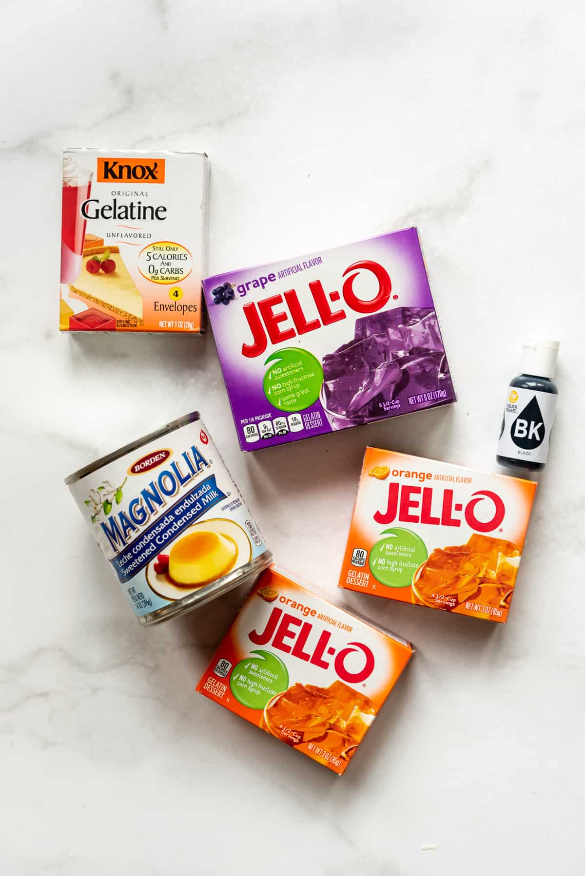 Ingredients for making a layered Halloween jello.