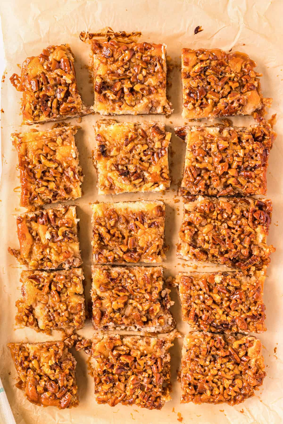 Pecan pie cheesecake bars cut into 15 squares on parchment paper.