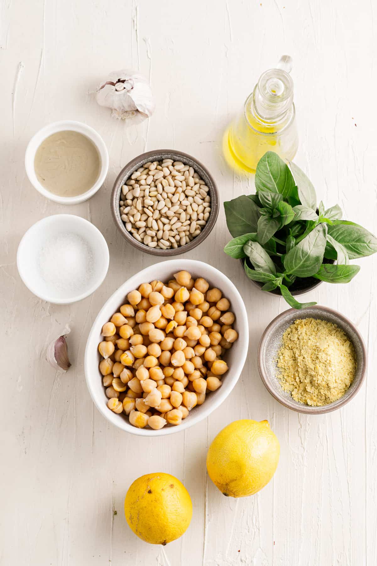 Hummus ingredients in separate bowls.