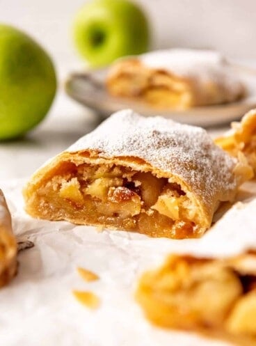 a piece of homemade apple strudel with raisins.