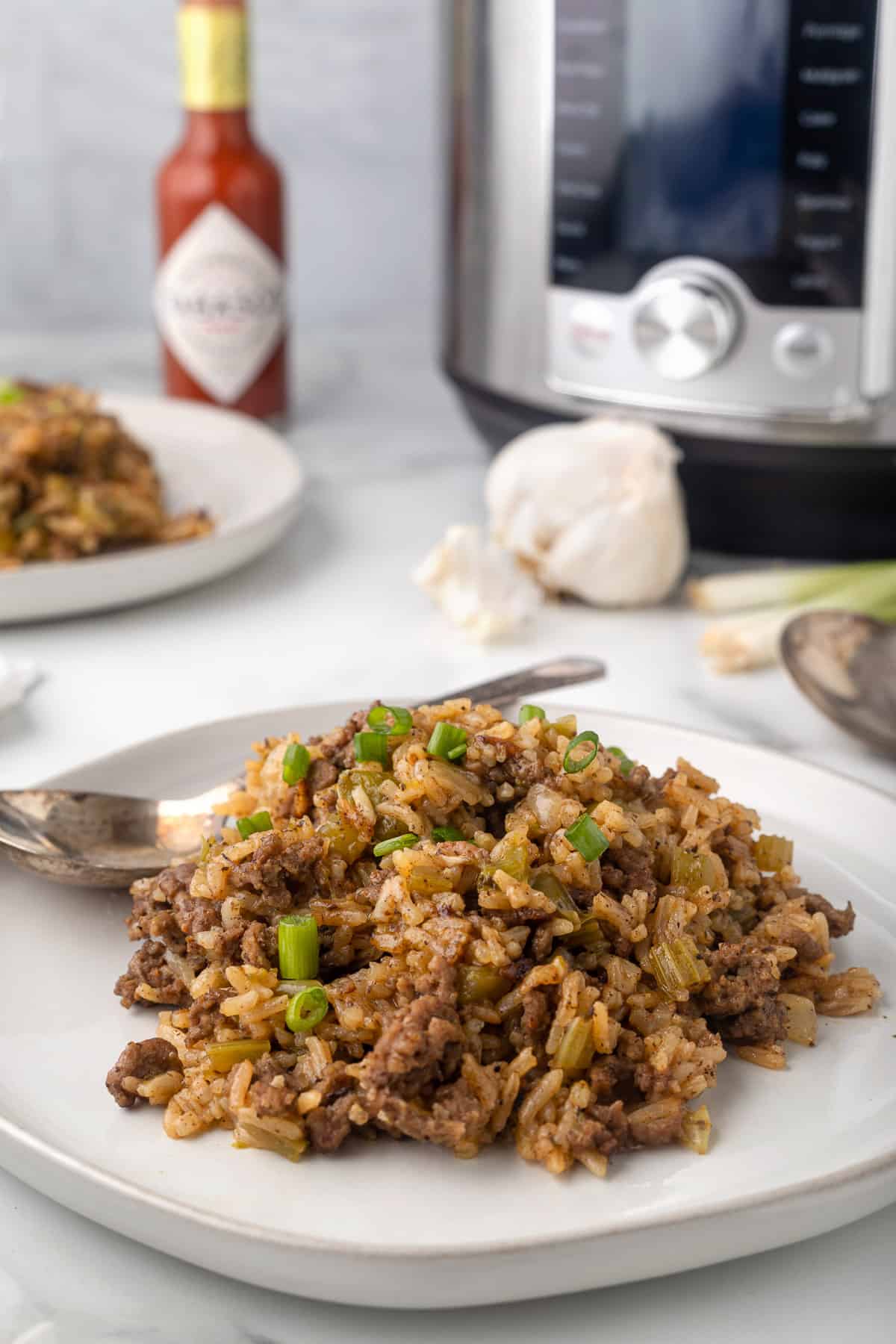 A plate of dirty rice in front of an Instant Pot.
