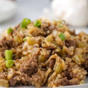 A plate of dirty rice made with ground beef.