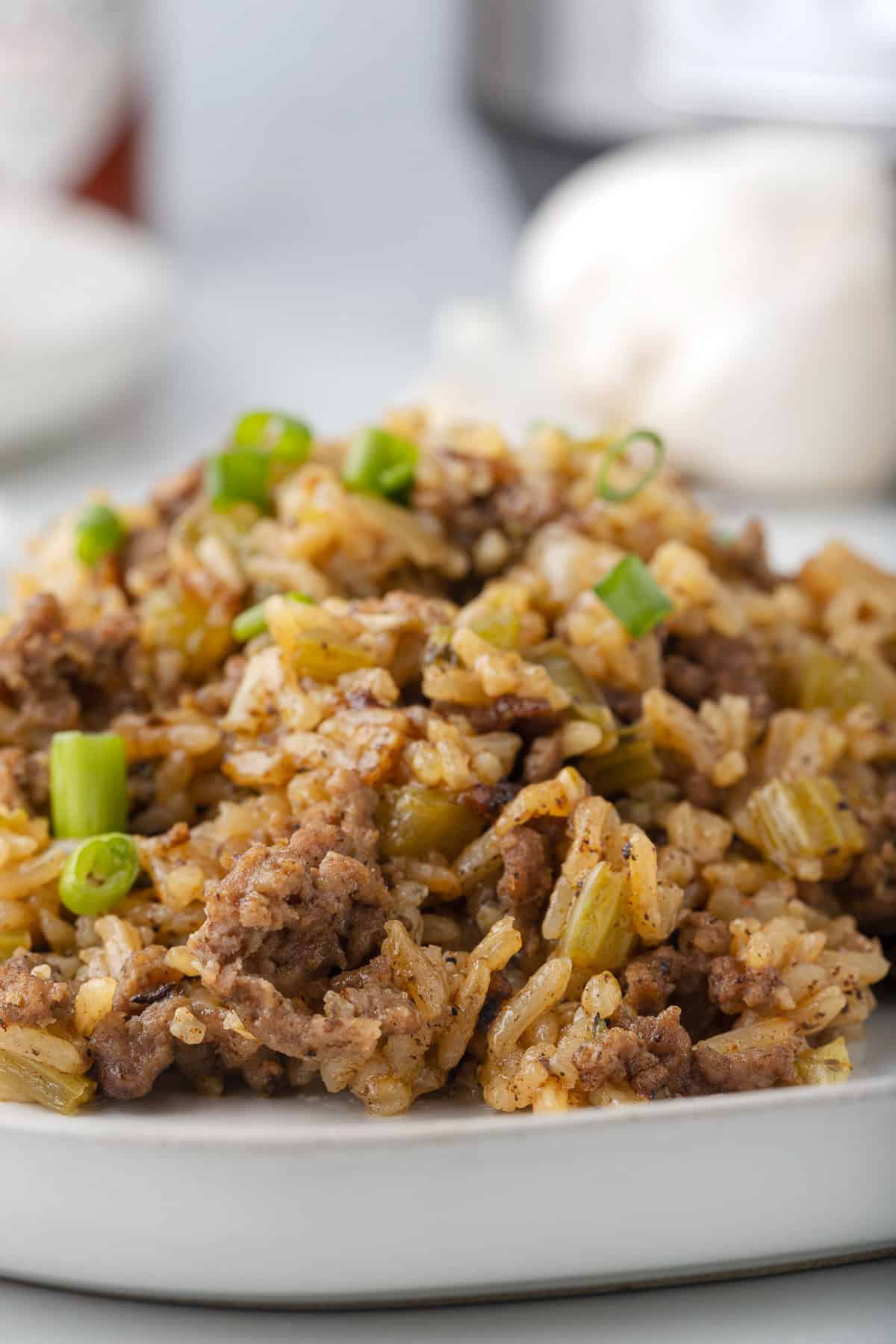 A plate of dirty rice made with ground beef.