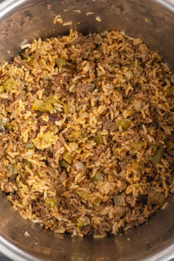 A close image of the texture of cooked dirty rice.