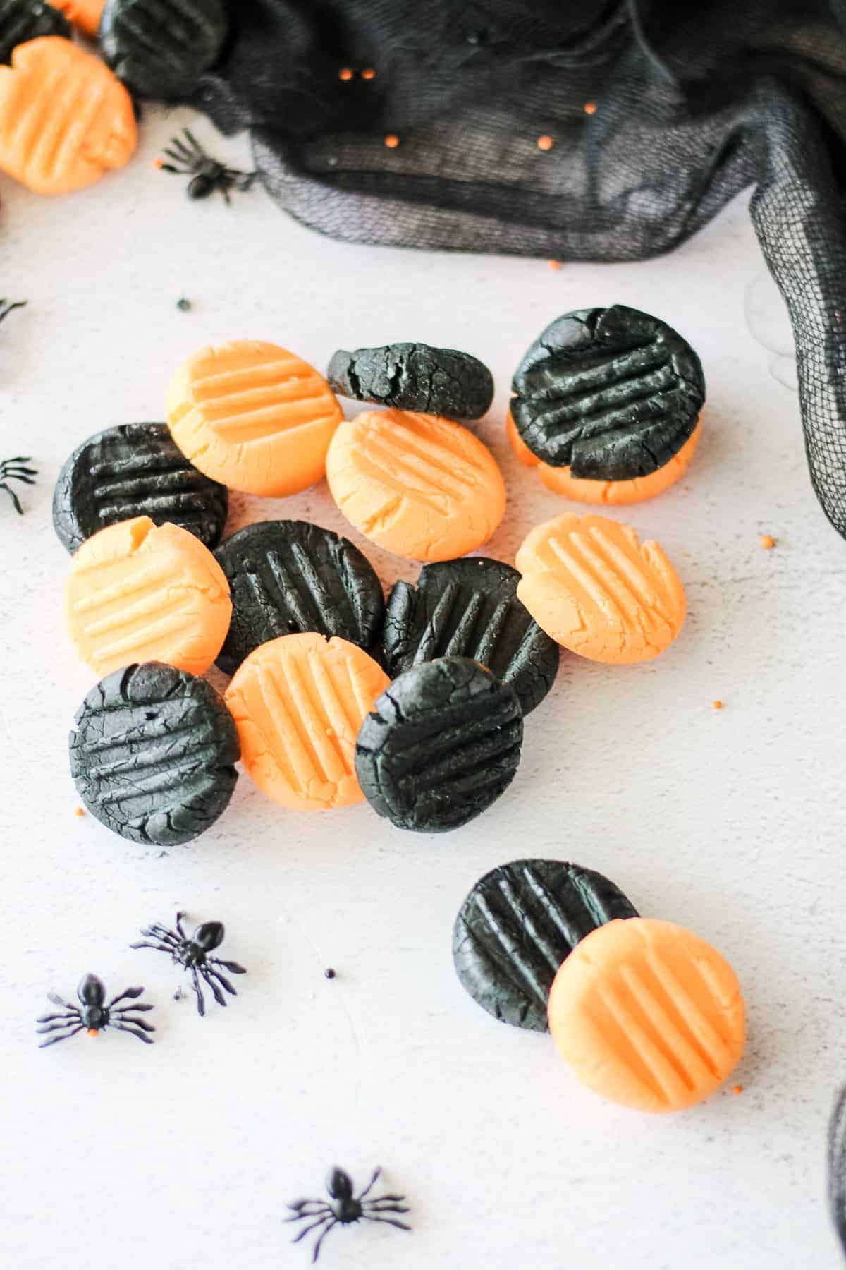 A pile of homemade black and orange Halloween candy mints.