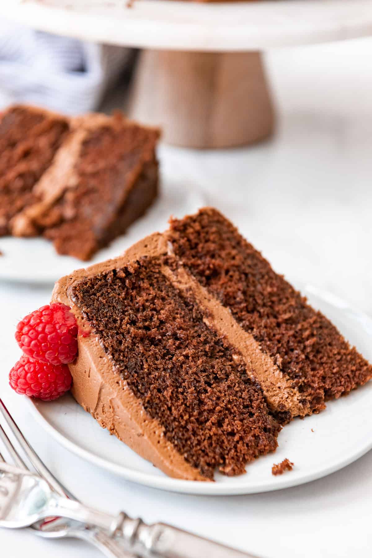 A slice of devil's food chocolate cake on a white plate.