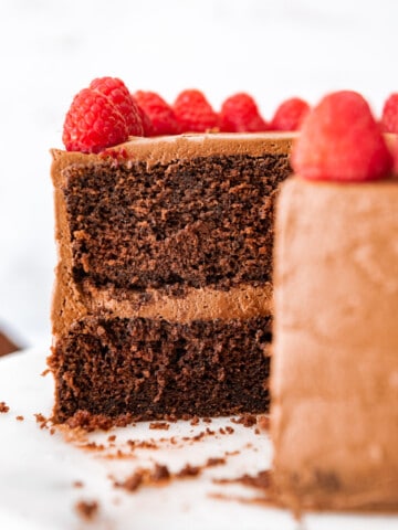 A side view of a two-layer chocolate cake with chocolate frosting and raspberries.