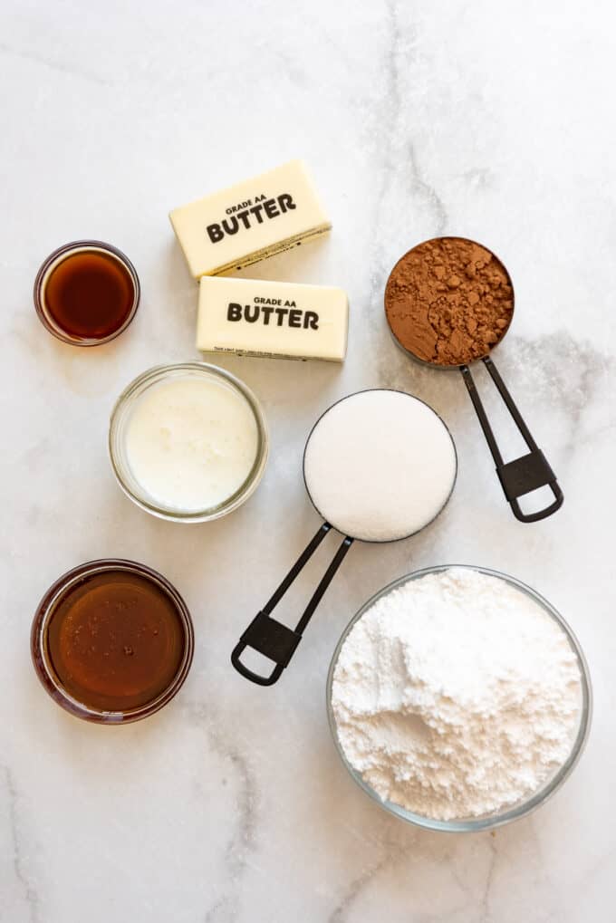 Ingredients for making fudge frosting.