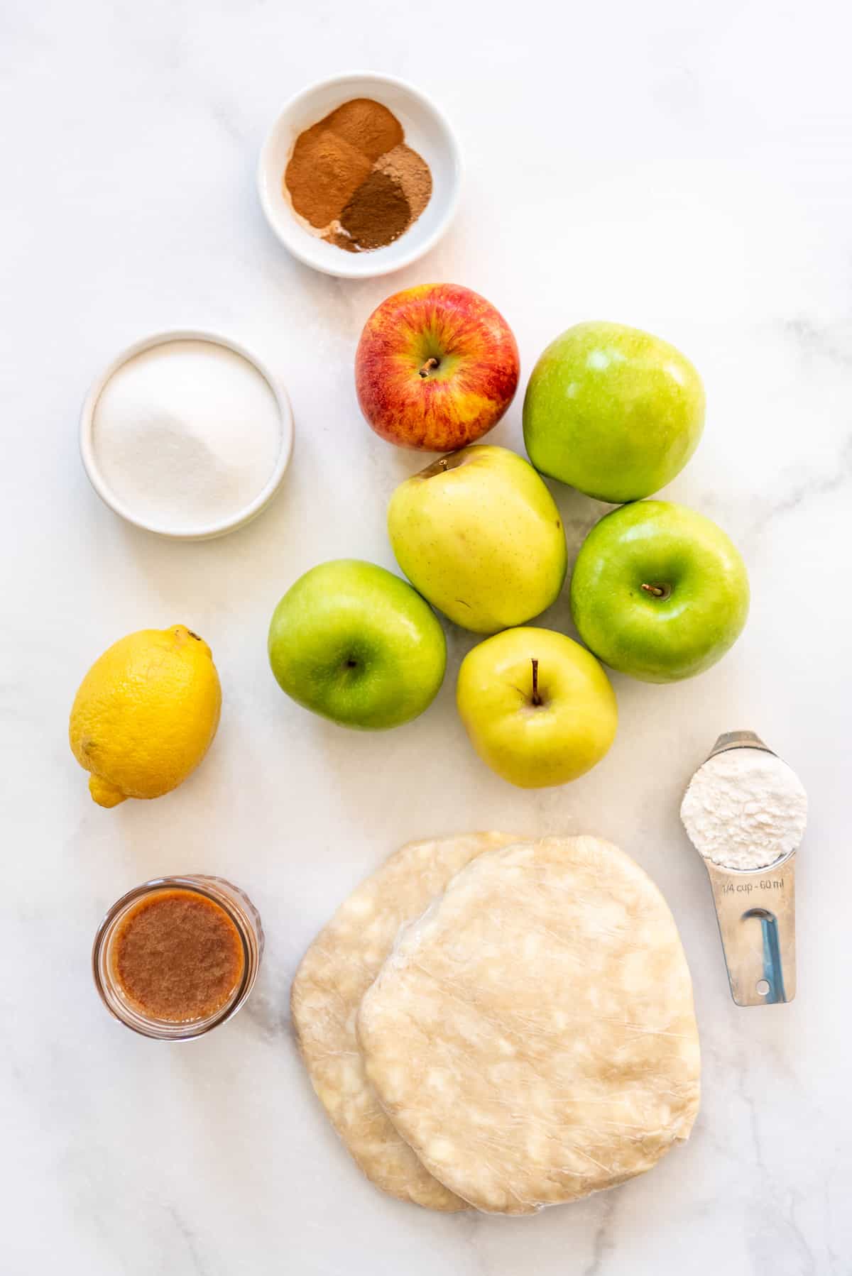 Ingredients for a caramel apple pie.