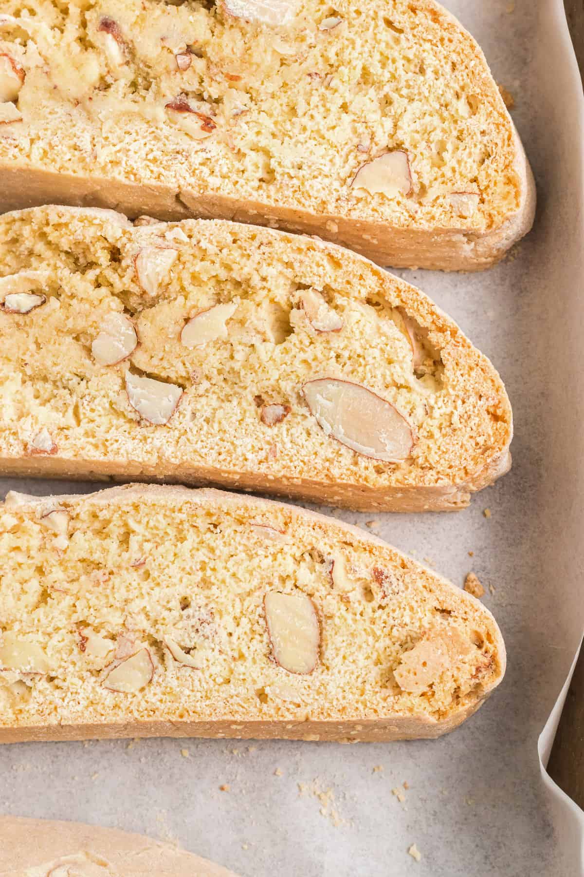 Toasted almonds in twice-baked homemade biscotti cookies.