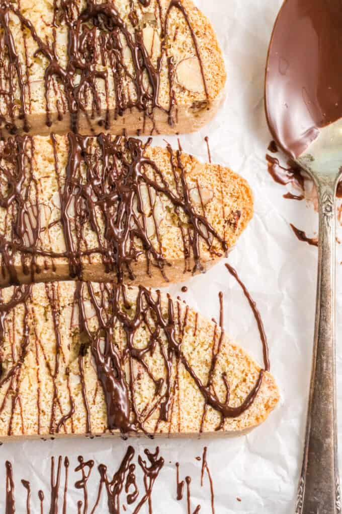 Almond biscotti drizzled with melted dark chocolate.