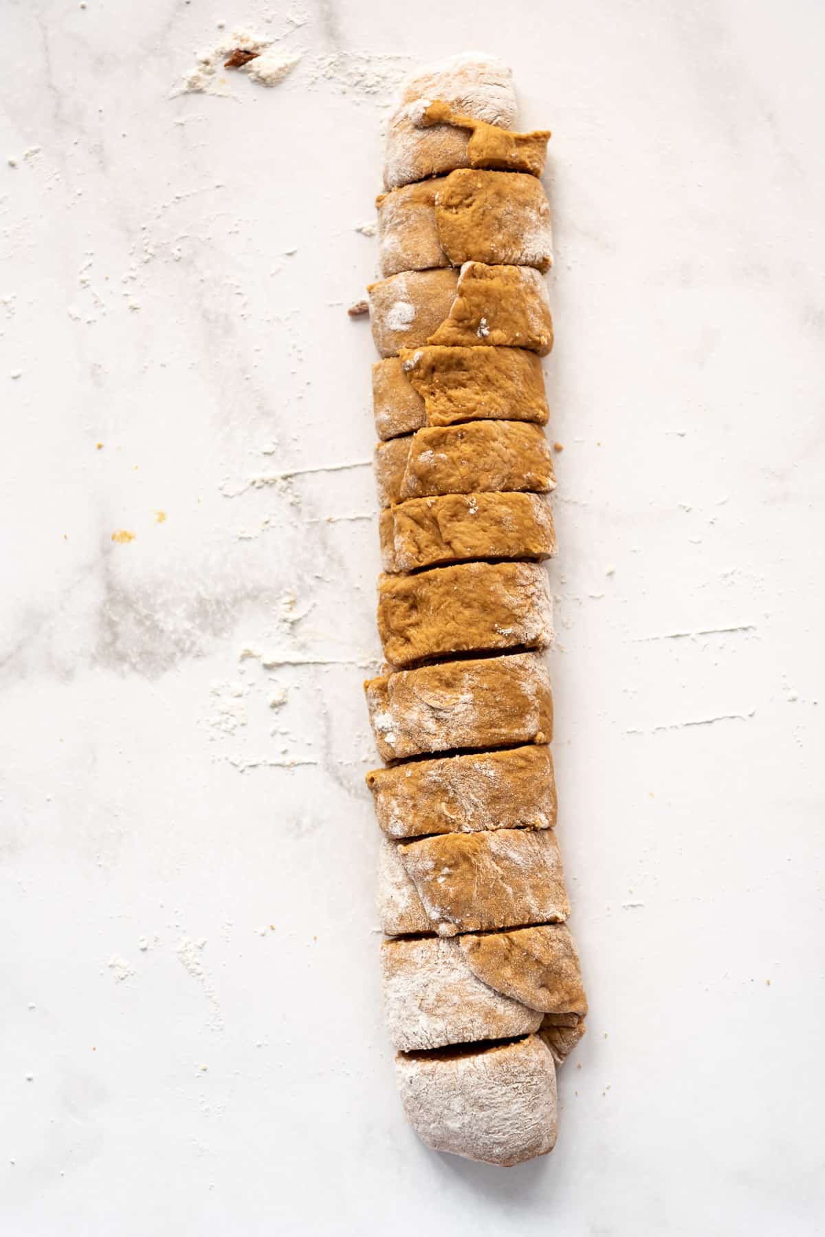 A rolled up log of gingerbread cinnamon roll dough sliced into individual rolls.