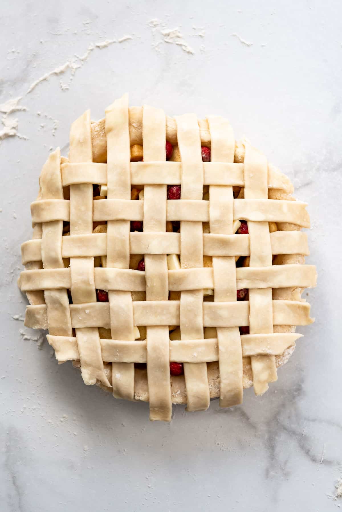 A completed lattice pie crust.