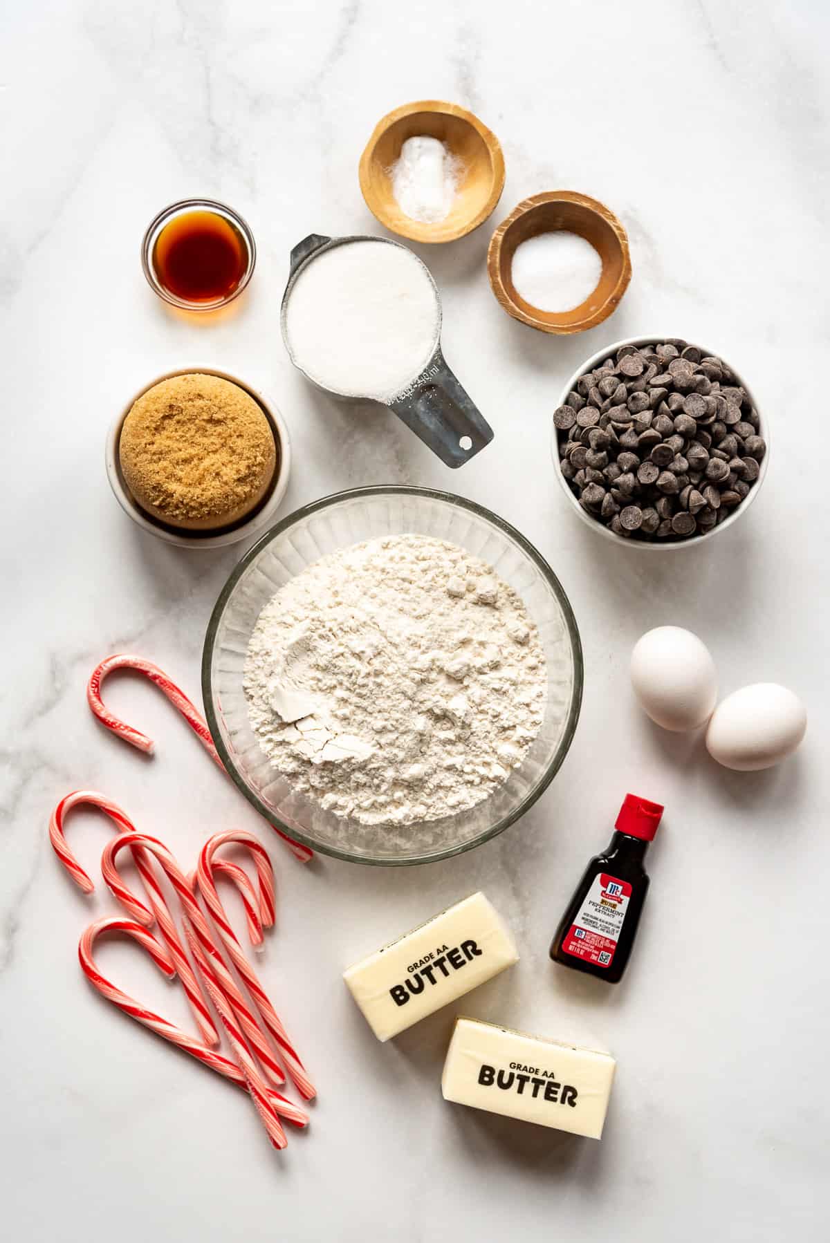 Ingredients for making peppermint chocolate chip cookies.
