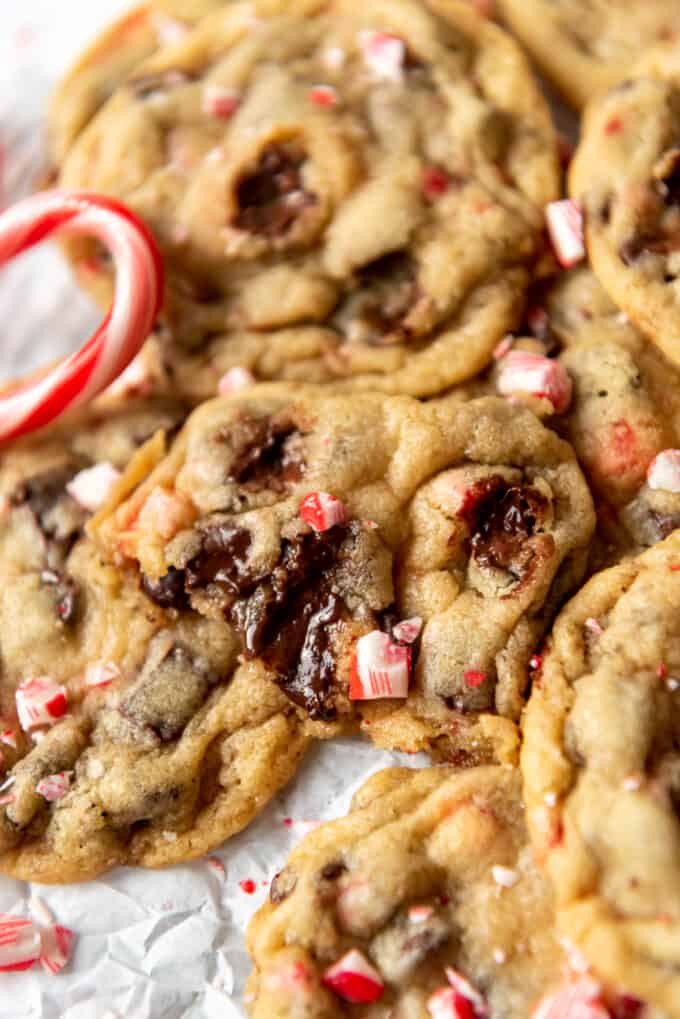 A partial peppermint chocolate chip cookie with candy cane and melted dark chocolate.