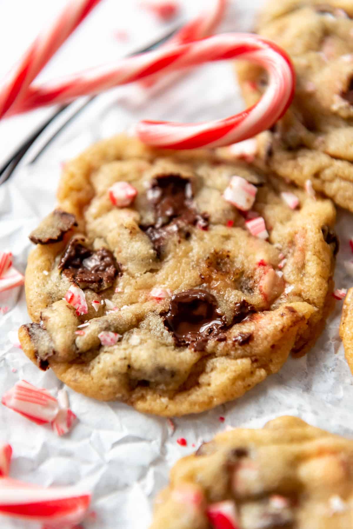 A thin peppermint chocolate chip cookie made with broken up candy canes.