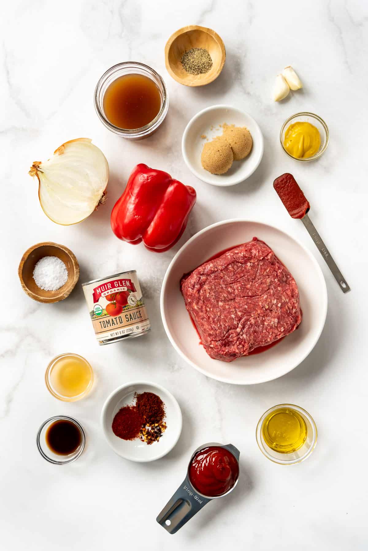 Ingredients for making homemade sloppy joes from scratch with the best sloppy joe sauce.