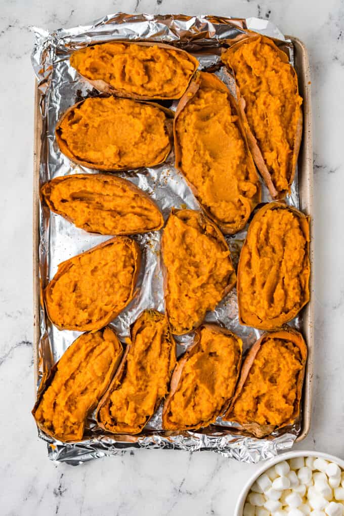 Sweet potato skins filled with creamy mashed sweet potatoes.
