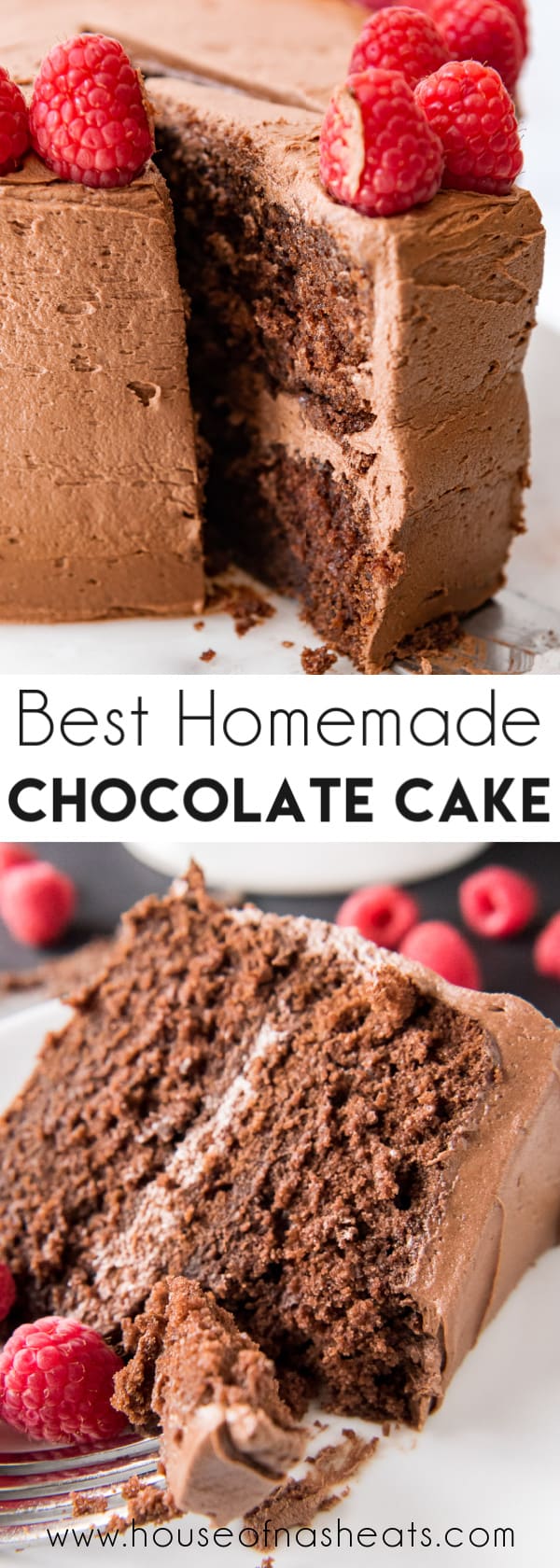 A collage of chocolate cake images with text overlay.