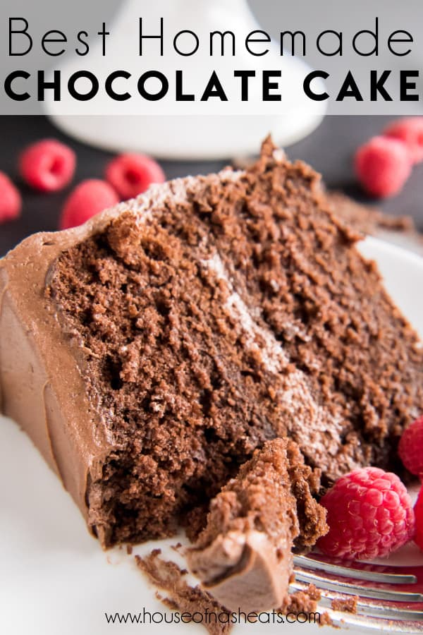 A slice of homemade chocolate cake with a bite of it on a fork and text overlay.