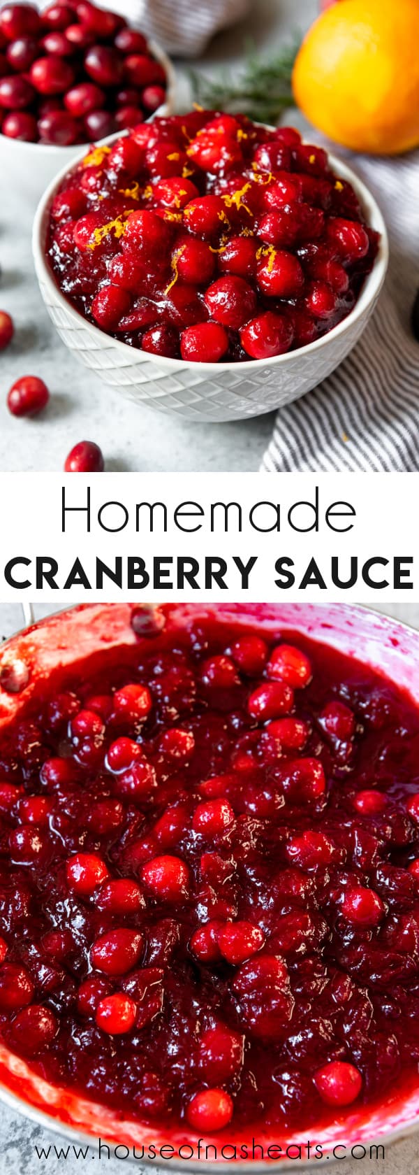 A collage of images of fresh homemade cranberry sauce with text overlay.