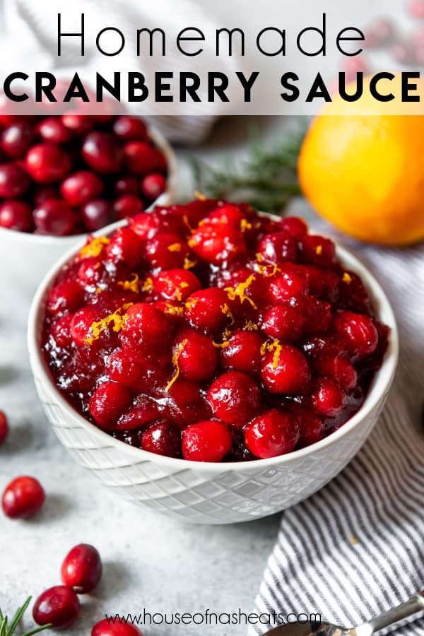 A bowl of fresh whole cranberry sauce with text overlay.