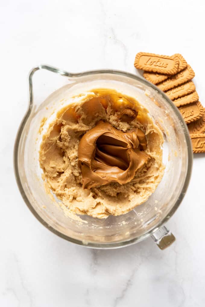 Adding cookie butter to creamed butter, sugar, and eggs in a large glass bowl.