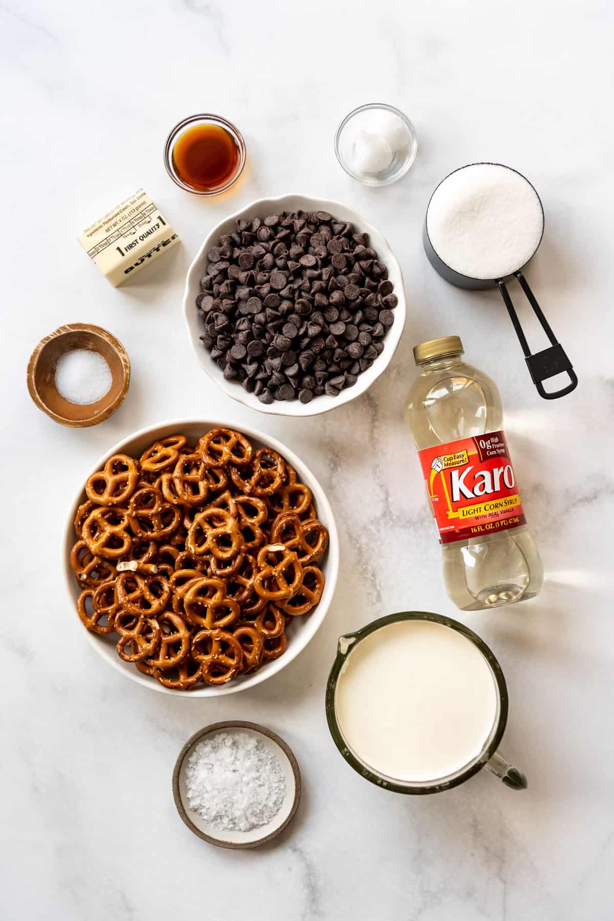 Ingredients for making homemade caramel pretzel chocolate bark.