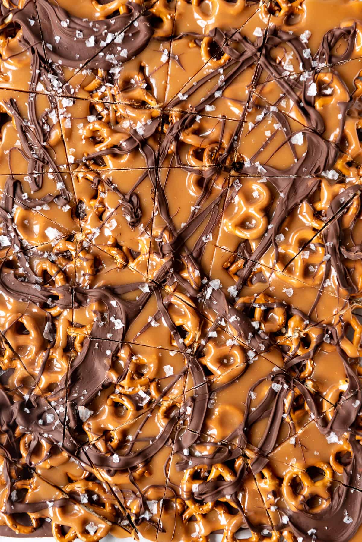 A close image of haphazard slices in a slab of homemade dark chocolate salted caramel pretzel bark with flaky salt sprinkled on top.