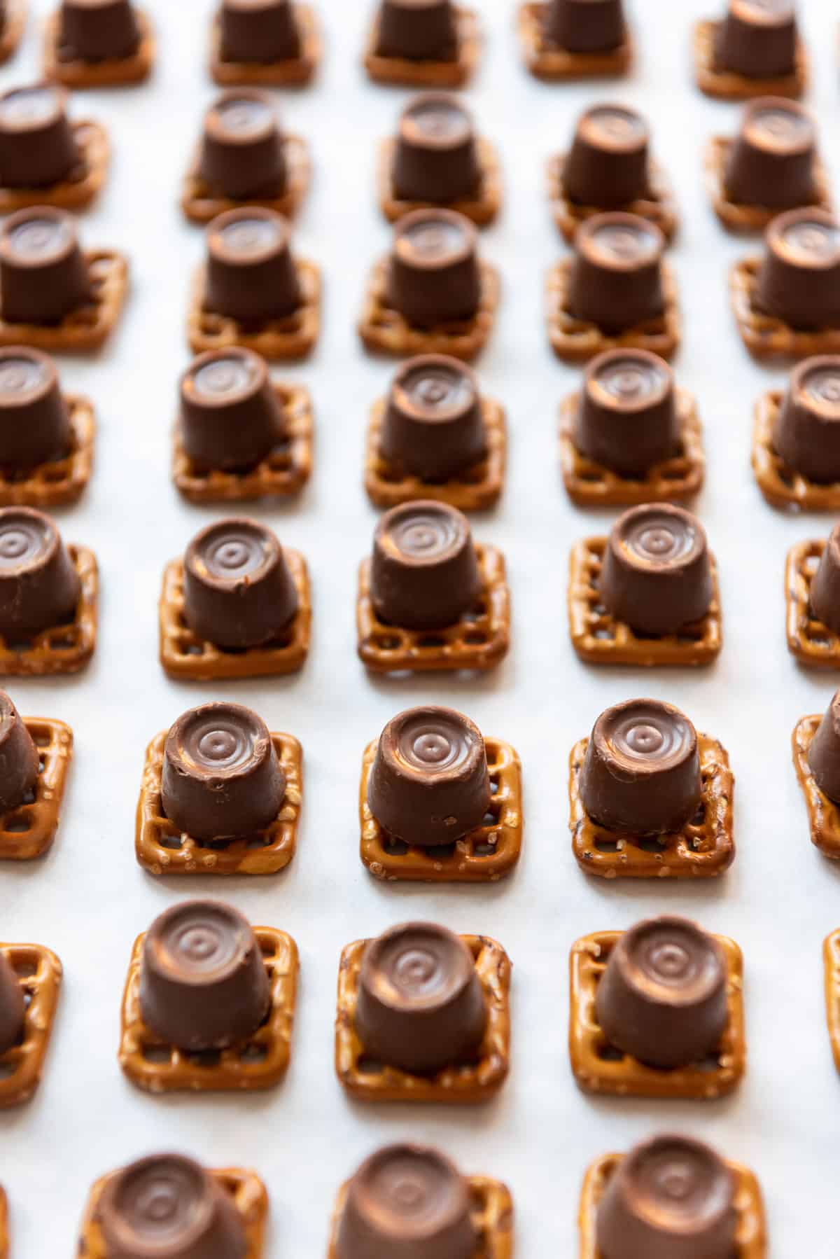 Rows of softened Rolo candies on pretzels.